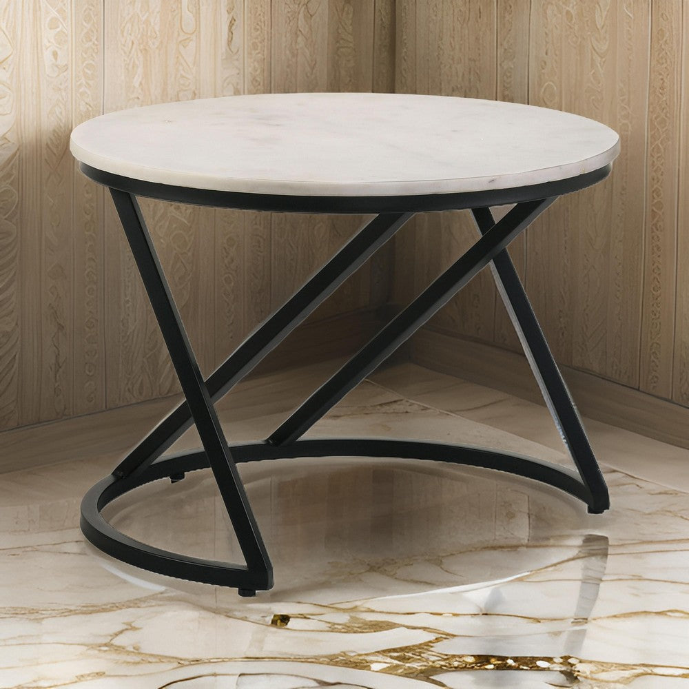 24 Inch Accent Coffee Table White Marble Top C Base Black Metal Finish By Casagear Home BM315263