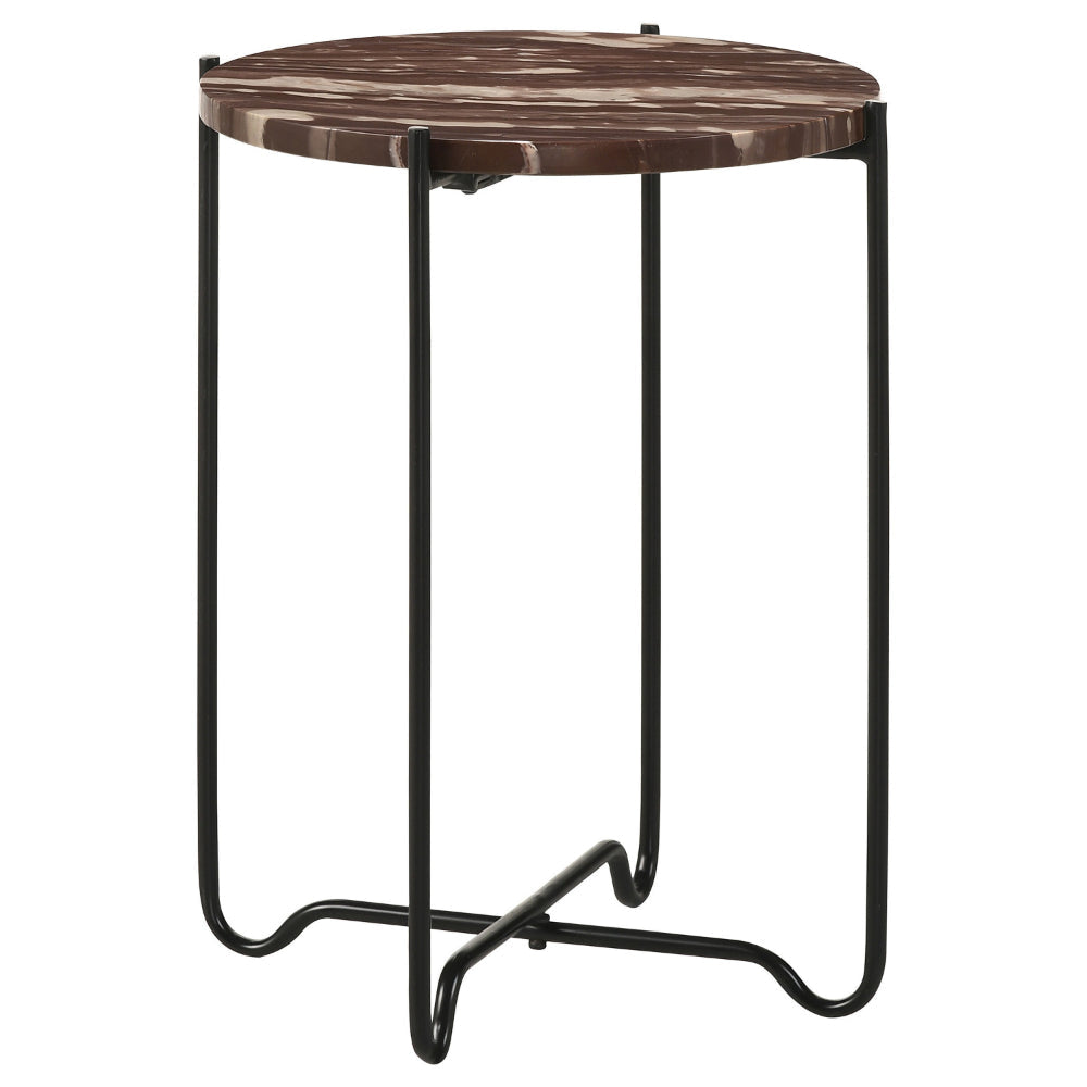 22 Inch Accent Table, Round Red Marble Top, Crossed Open Black Metal Base By Casagear Home