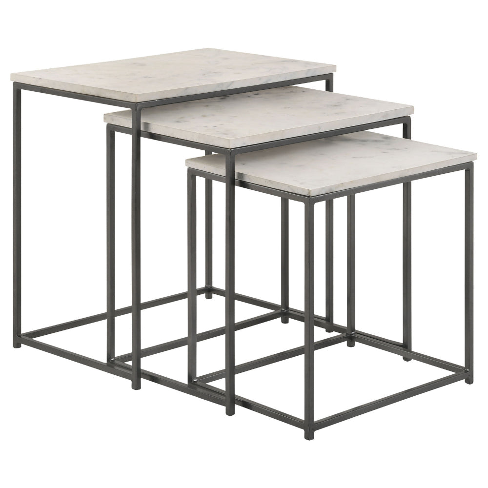 Agi 3 Piece Nesting Side Table Set, White Square Marble, Gray Metal Frame By Casagear Home