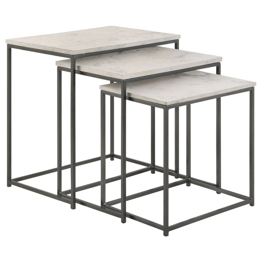 Agi 3 Piece Nesting Side Table Set, White Square Marble, Gray Metal Frame By Casagear Home