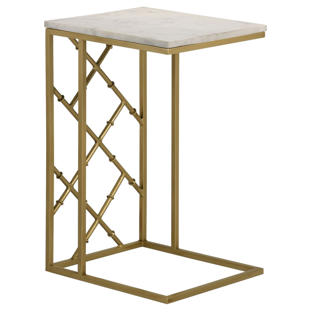 Syp 25 Inch Accent Table White Marble Top Gold Crossed Open Metal Frame By Casagear Home BM315269