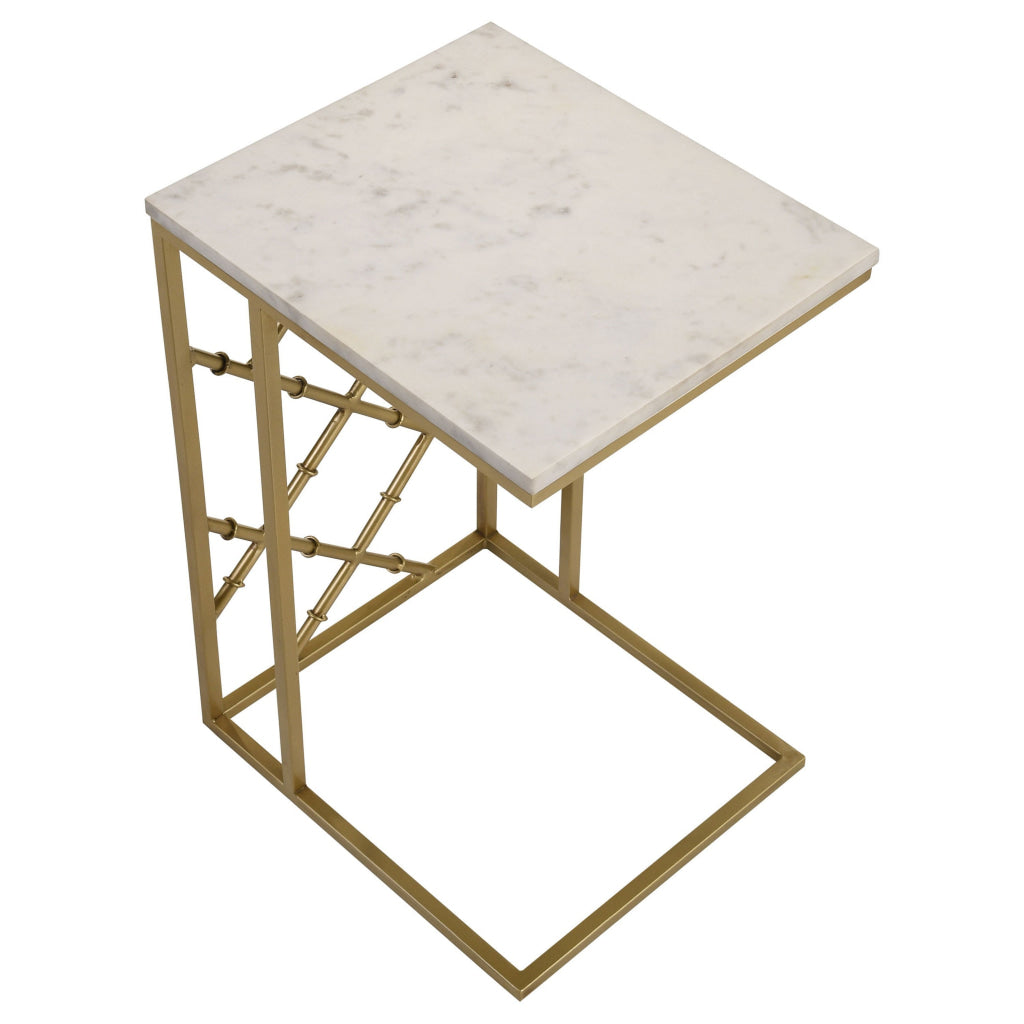 Syp 25 Inch Accent Table White Marble Top Gold Crossed Open Metal Frame By Casagear Home BM315269