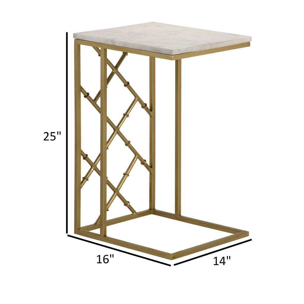 Syp 25 Inch Accent Table White Marble Top Gold Crossed Open Metal Frame By Casagear Home BM315269