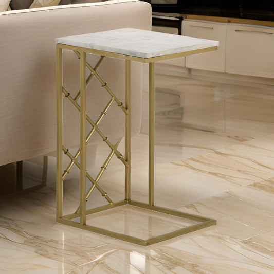 Syp 25 Inch Accent Table, White Marble Top, Gold Crossed Open Metal Frame By Casagear Home