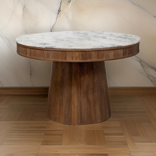 Evi 46 Inch Dining Table, Round Marble Top, Pedestal Base, Fluted, Brown By Casagear Home