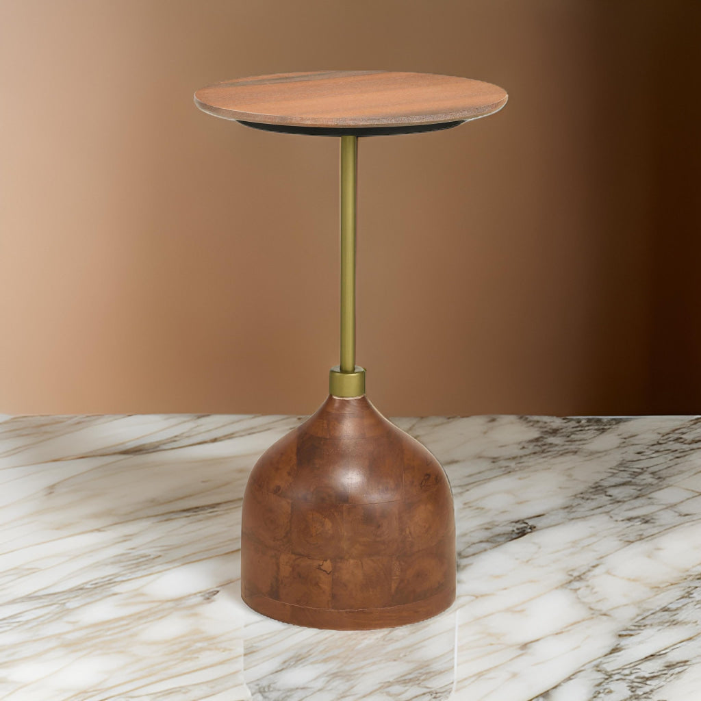 27 Inch Side Table Round Peach Marble Top Gold Metal Frame Pedestal Base By Casagear Home BM315277