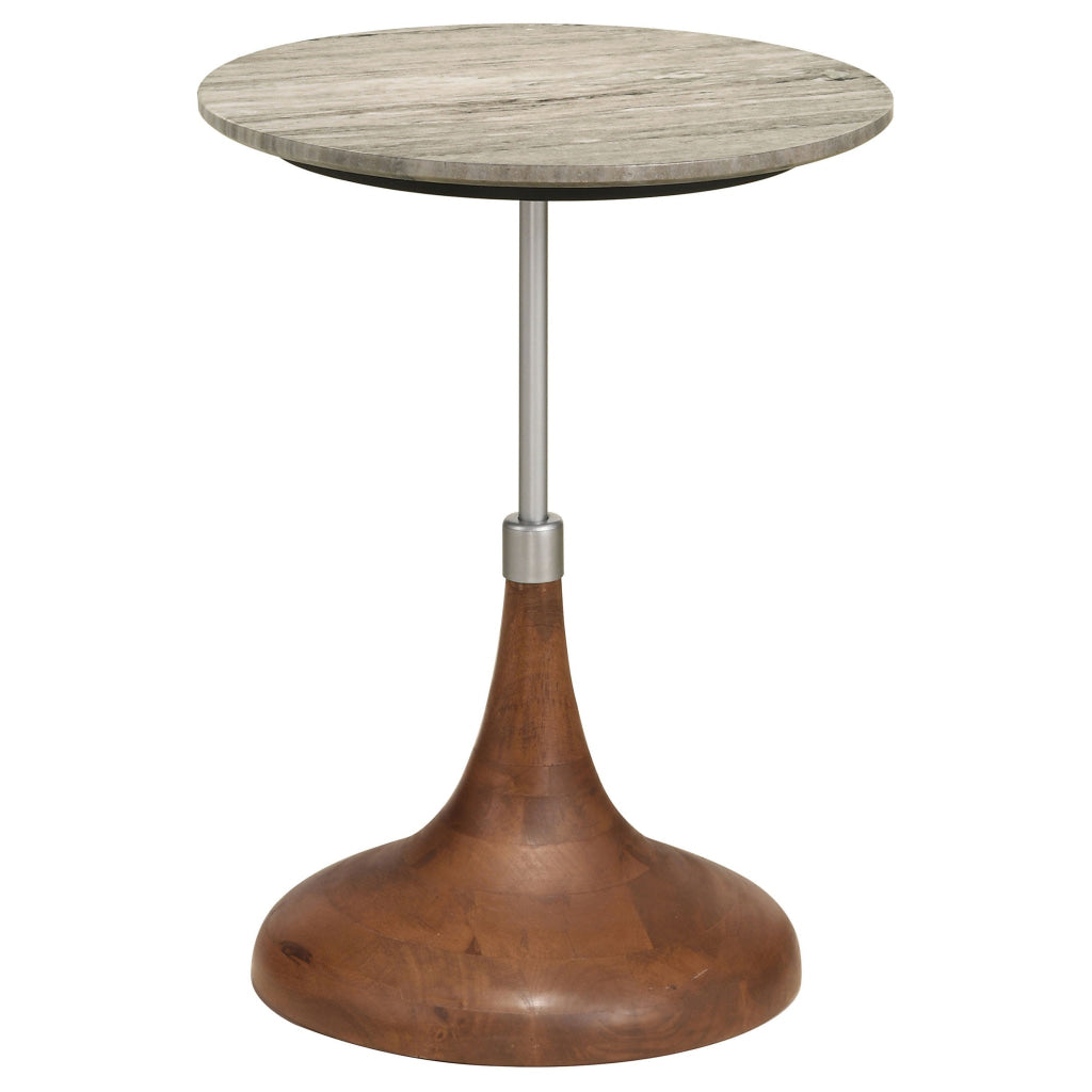 24 Inch Side Table Round White Marble Top Brown Mango Wood Pedestal Base By Casagear Home BM315278