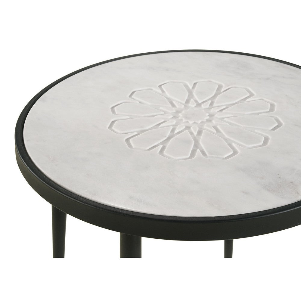 21 Inch Side End Table Round Marble Top Floral Motifs Black Frame White By Casagear Home BM315279