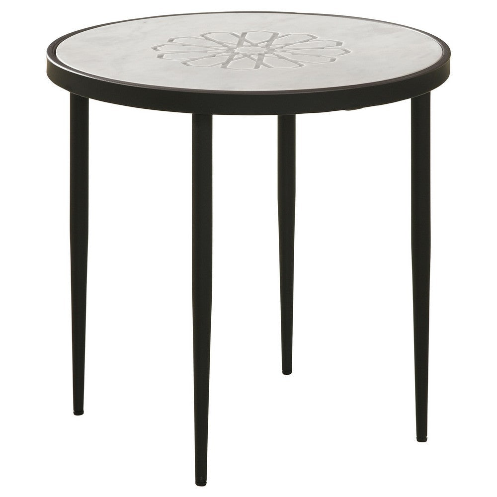 21 Inch Side End Table Round Marble Top Floral Motifs Black Frame White By Casagear Home BM315279