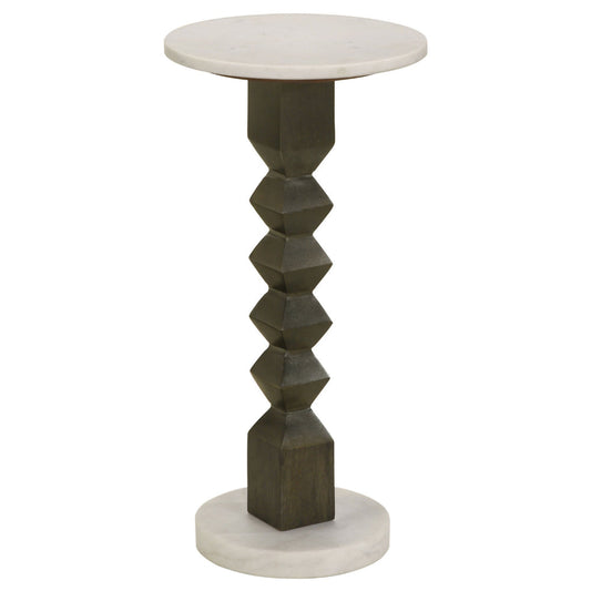 Drink Side Table, 11 Inch Round Marble, Spindle Pedestal Base, White, Gray By Casagear Home