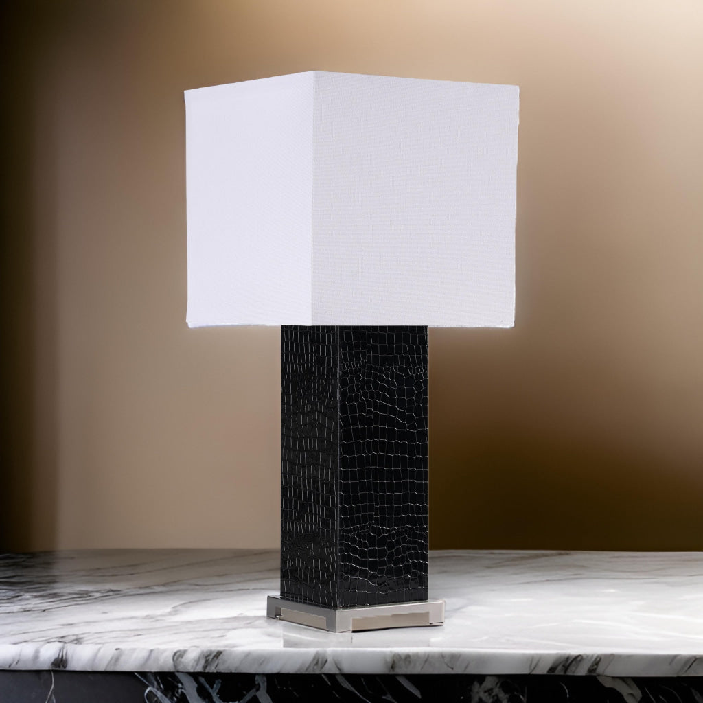 25 Inch Table Lamp Square White Shade Modern Black Crocodile Pattern Base By Casagear Home BM315282