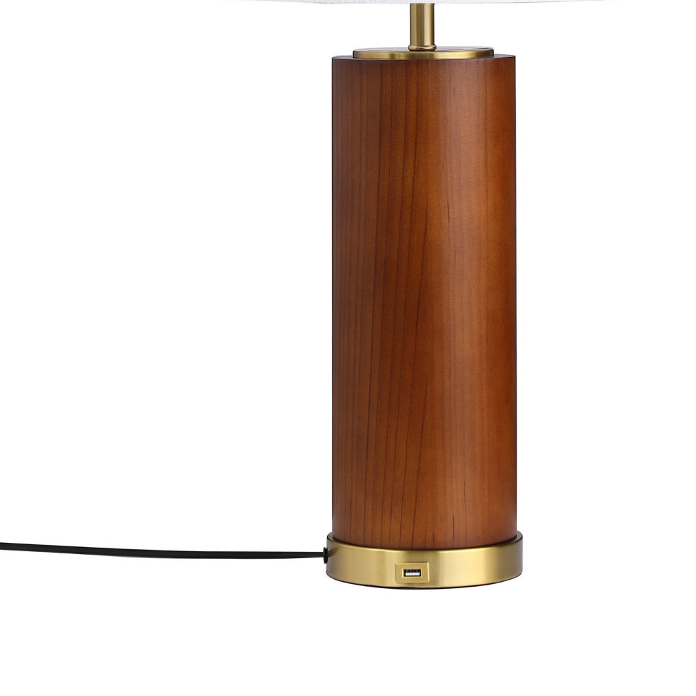 28 Inch Table Lamp White Fabric Drum Shade Gold Metal Brown Bridge Base By Casagear Home BM315284