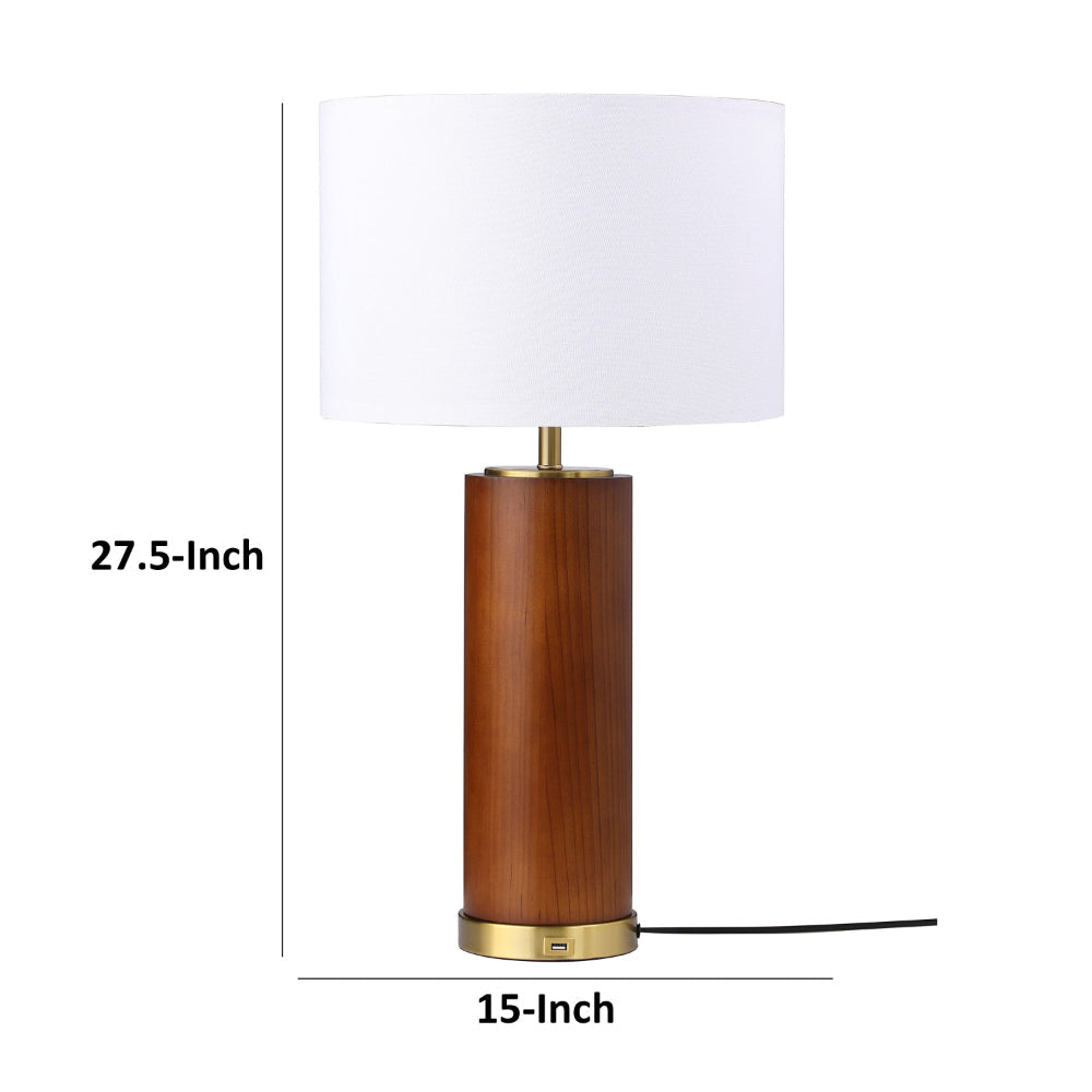 28 Inch Table Lamp White Fabric Drum Shade Gold Metal Brown Bridge Base By Casagear Home BM315284