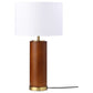 28 Inch Table Lamp, White Fabric Drum Shade, Gold Metal, Brown Bridge Base By Casagear Home