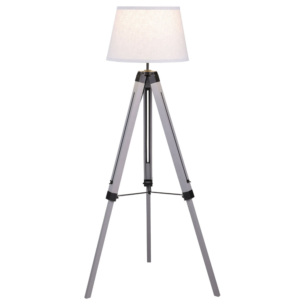 56 Inch Floor Lamp White Tapered Drum Shade Weathered Gray Tripod Base By Casagear Home BM315285