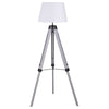 56 Inch Floor Lamp, White Tapered Drum Shade, Weathered Gray Tripod Base By Casagear Home