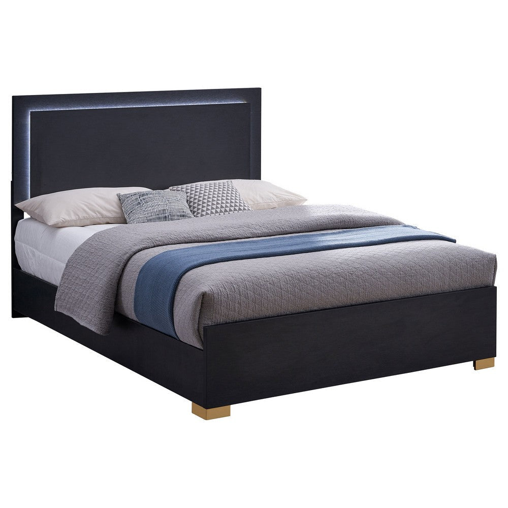 Dex Platform King Size Bed, Panel LED Headboard, Black Wood Melamine Finish By Casagear Home