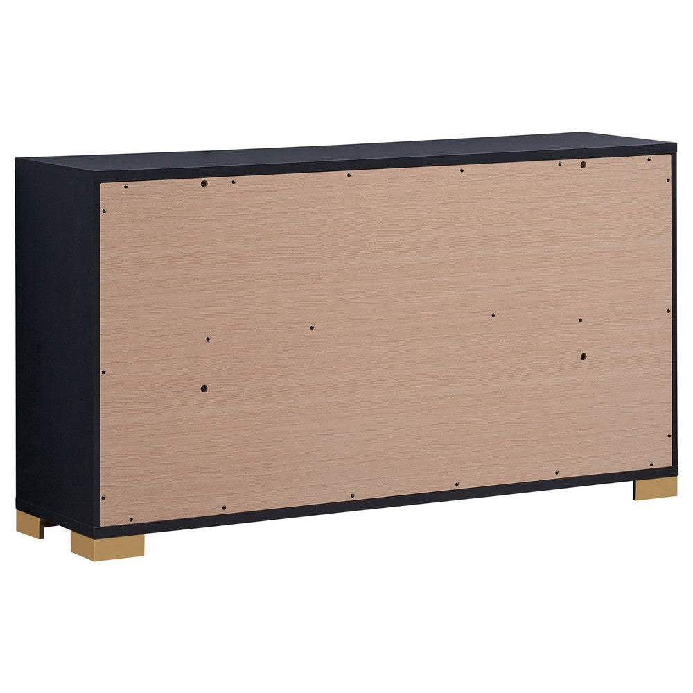 Dex 59 Inch Wide Dresser 6 Drawers with Long Vertical Gold Handles Black By Casagear Home BM315290