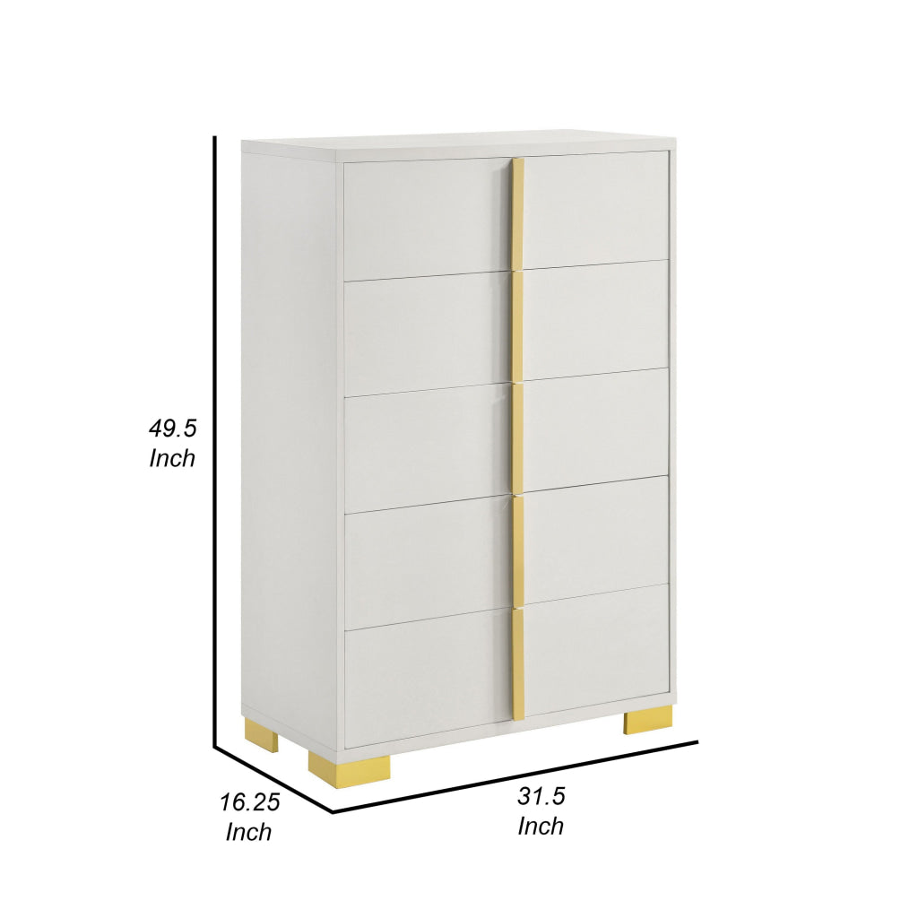 Dex 50 Inch Tall Dresser Chest 5 Drawers with Vertical Gold Handles White By Casagear Home BM315296