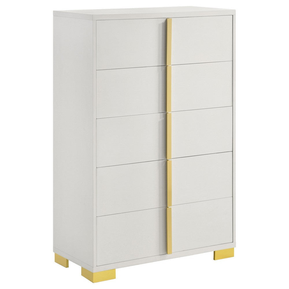 Dex 50 Inch Tall Dresser Chest, 5 Drawers with Vertical Gold Handles, White By Casagear Home