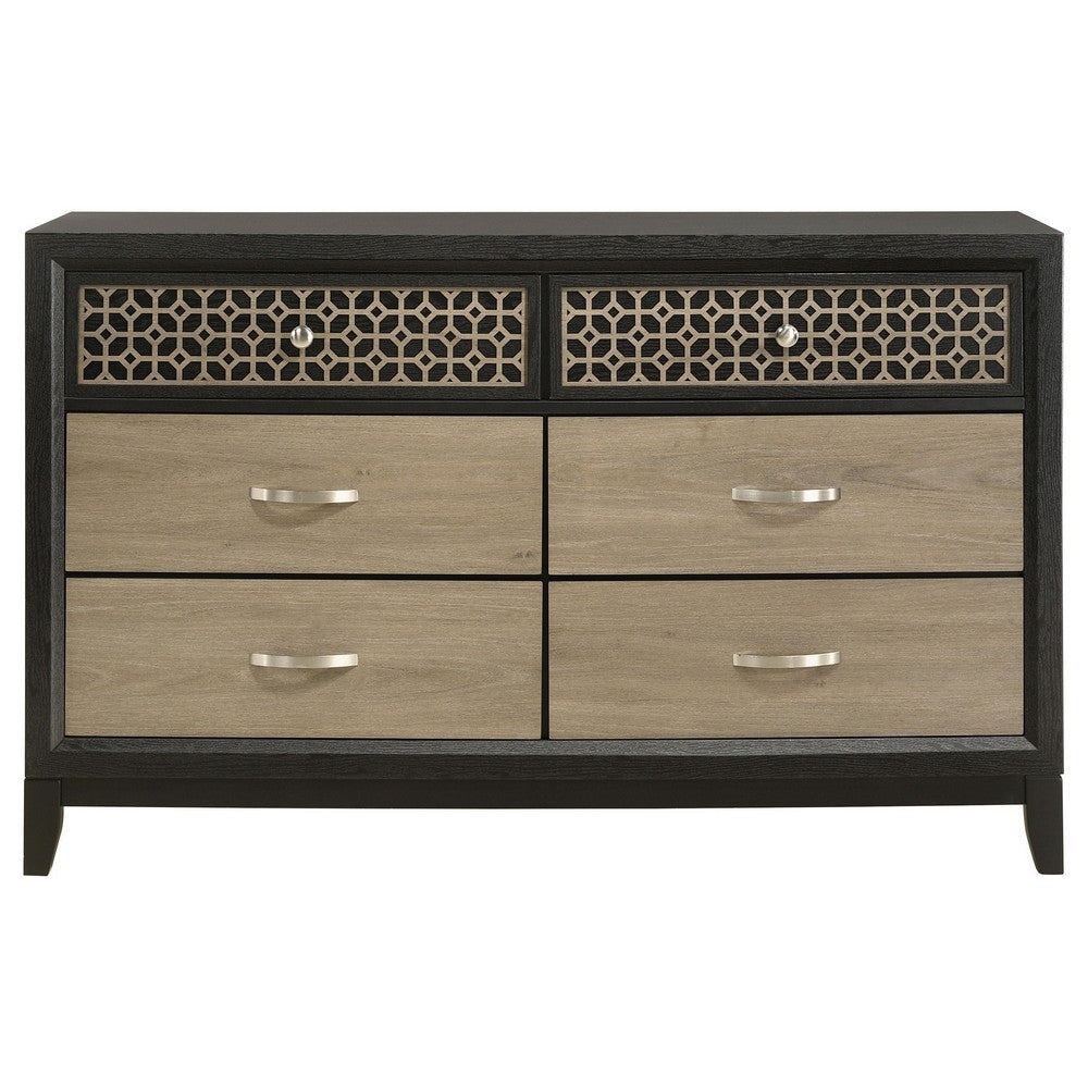 Aki 58 Inch Dresser 6 Drawers with Geometric Cut Out Design Black Brown By Casagear Home BM315300