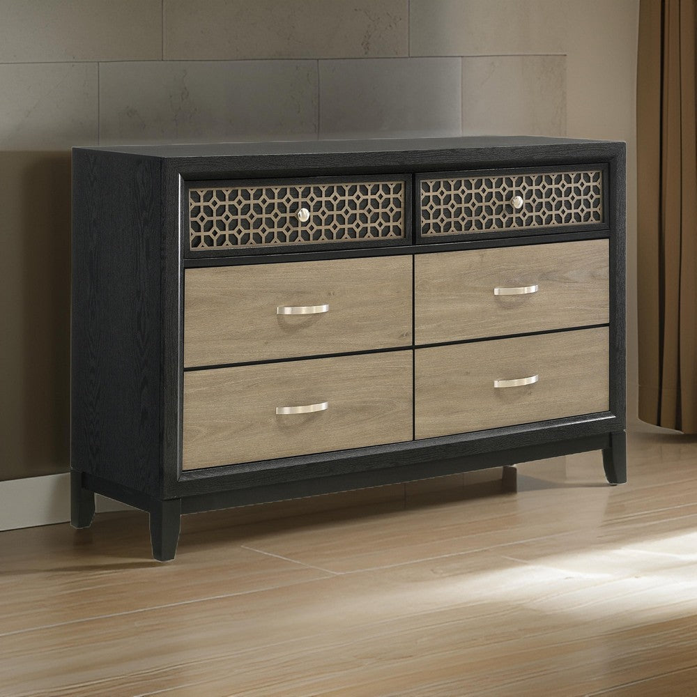 Aki 58 Inch Dresser 6 Drawers with Geometric Cut Out Design Black Brown By Casagear Home BM315300