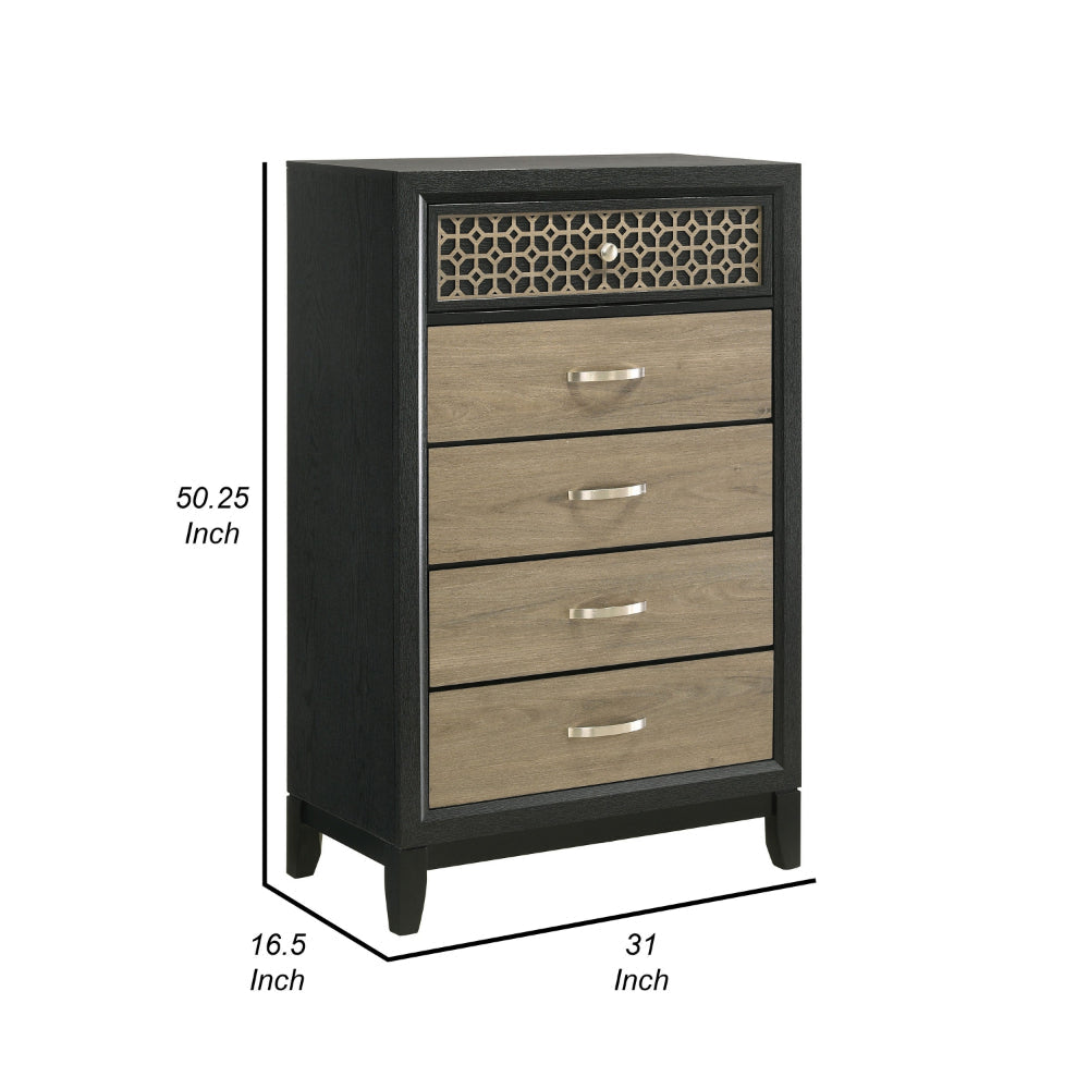 Aki 50 Inch Tall Dresser 5 Drawers with Geometric Cut Out Design Black By Casagear Home BM315301