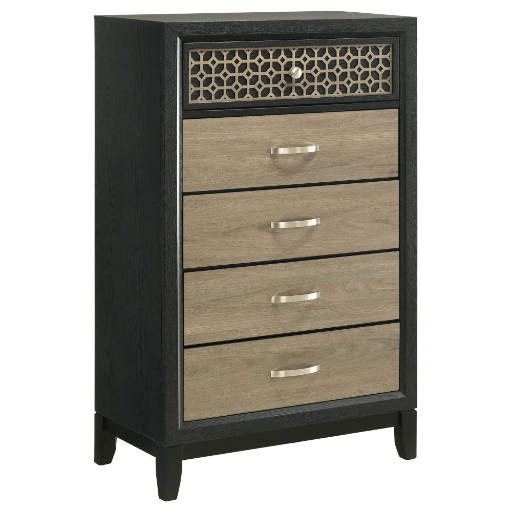 Aki 50 Inch Tall Dresser, 5 Drawers with Geometric Cut Out Design, Black By Casagear Home