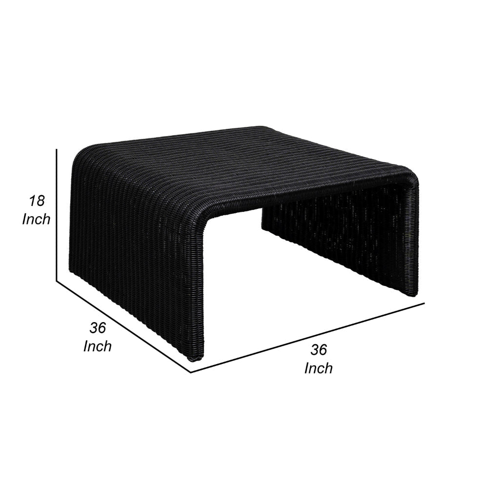 Gigi 36 Inch Coffee Table Black Woven Rattan Square Waterfall Edges By Casagear Home BM315305