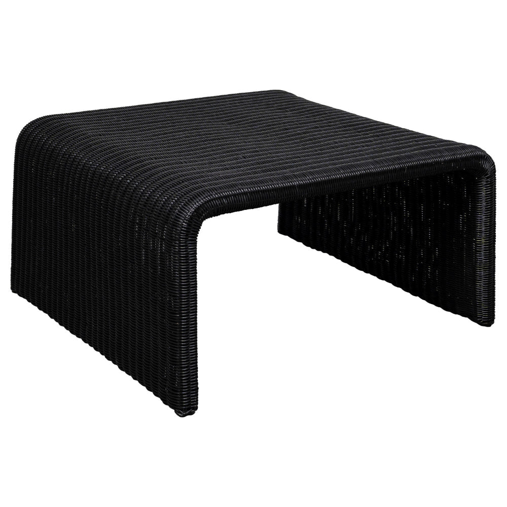 Gigi 36 Inch Coffee Table, Black Woven Rattan, Square Waterfall Edges By Casagear Home