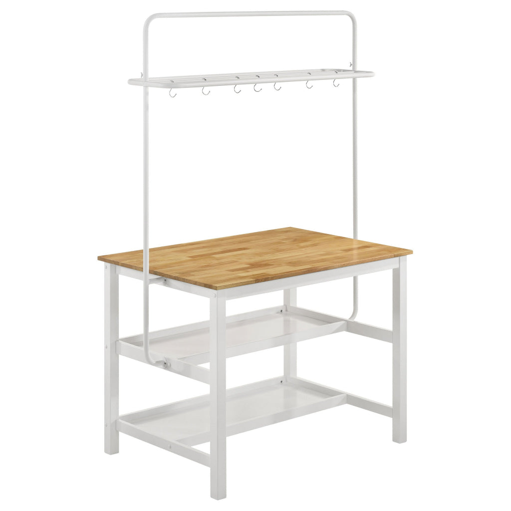 Hoa 77 Inch Counter Height Kitchen Table, Racks, Hook Stand, White Wood By Casagear Home