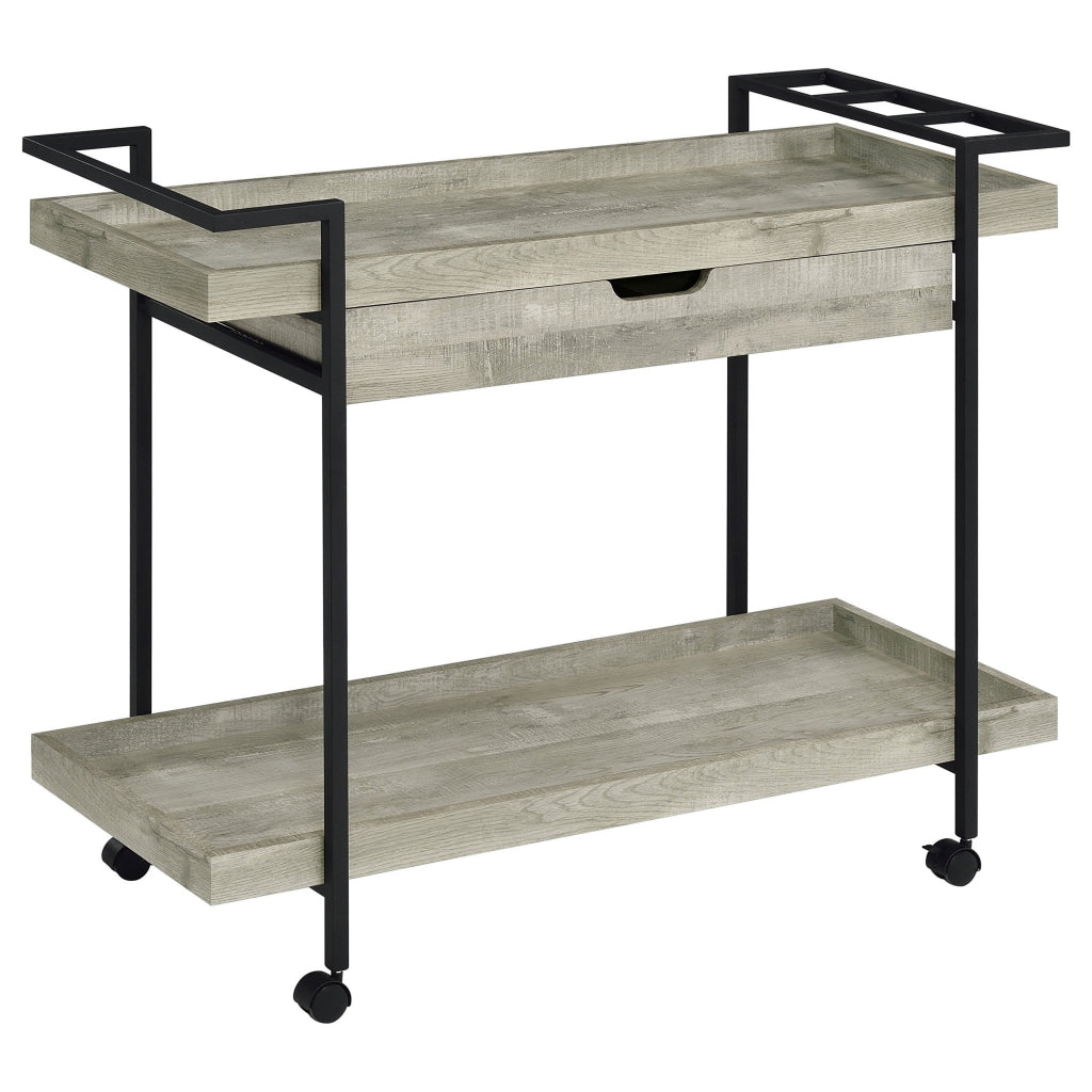 Tra 40 Inch Rolling Bar Cart 2 Tier with Drawer Gray Wood Black Metal By Casagear Home BM315313