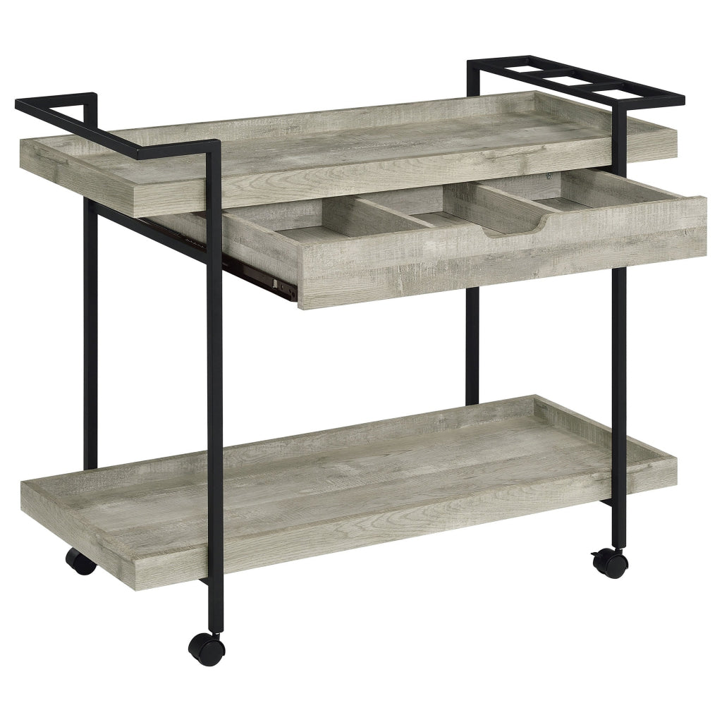 Tra 40 Inch Rolling Bar Cart 2 Tier with Drawer Gray Wood Black Metal By Casagear Home BM315313