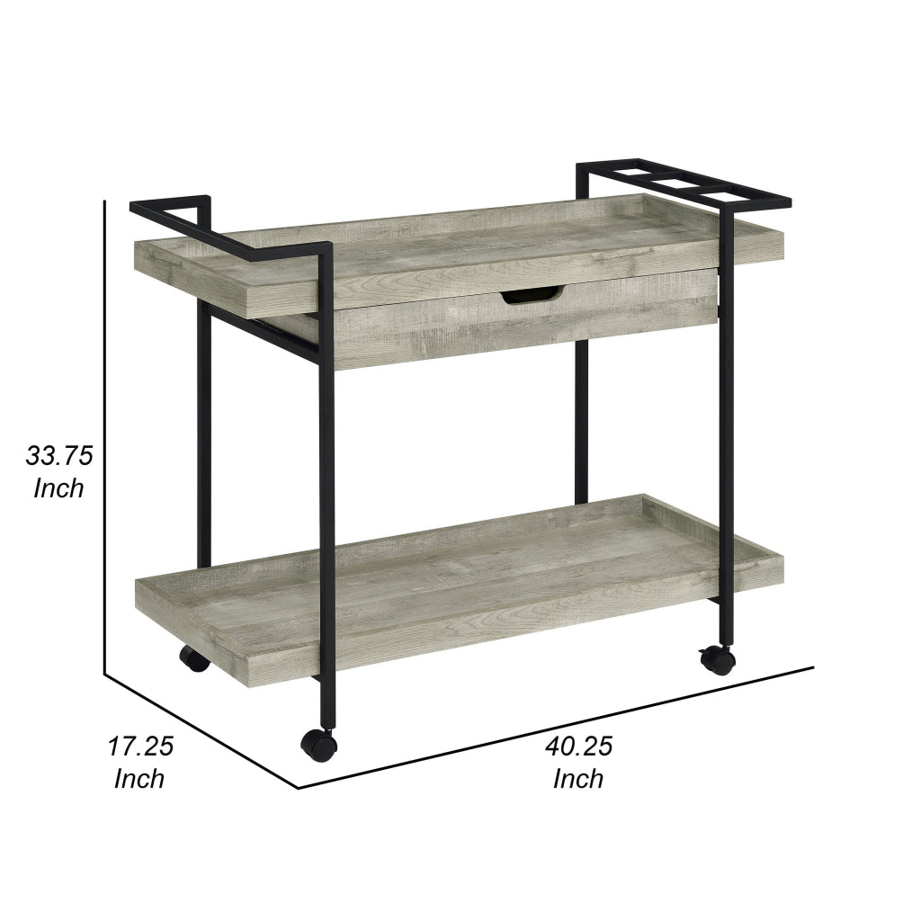 Tra 40 Inch Rolling Bar Cart 2 Tier with Drawer Gray Wood Black Metal By Casagear Home BM315313