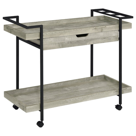 Tra 40 Inch Rolling Bar Cart, 2 Tier with Drawer, Gray Wood, Black Metal By Casagear Home