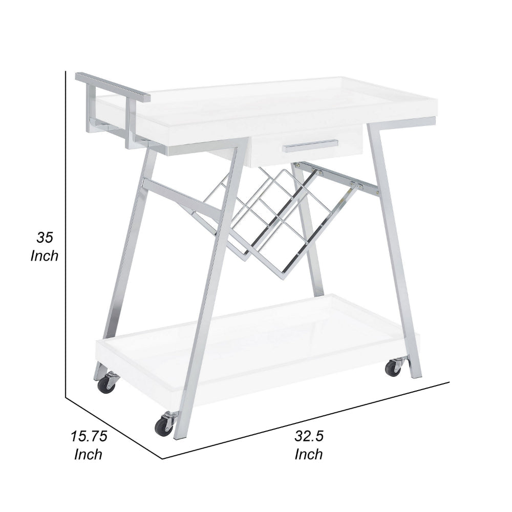 Kne 35 Inch Rolling Bar Cart 2 Tier with Drawer Stand White Wood Chrome By Casagear Home BM315314