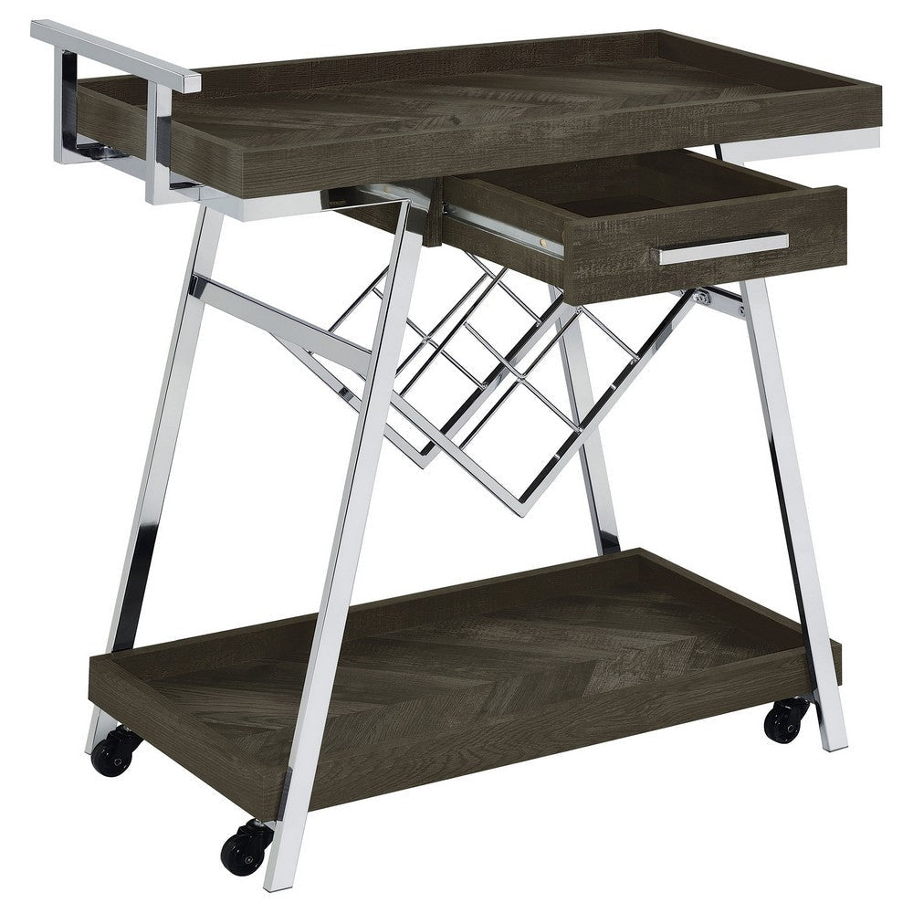 Kne 35 Inch Rolling Bar Cart 2 Tier with Drawer Stand Black Wood Chrome By Casagear Home BM315315