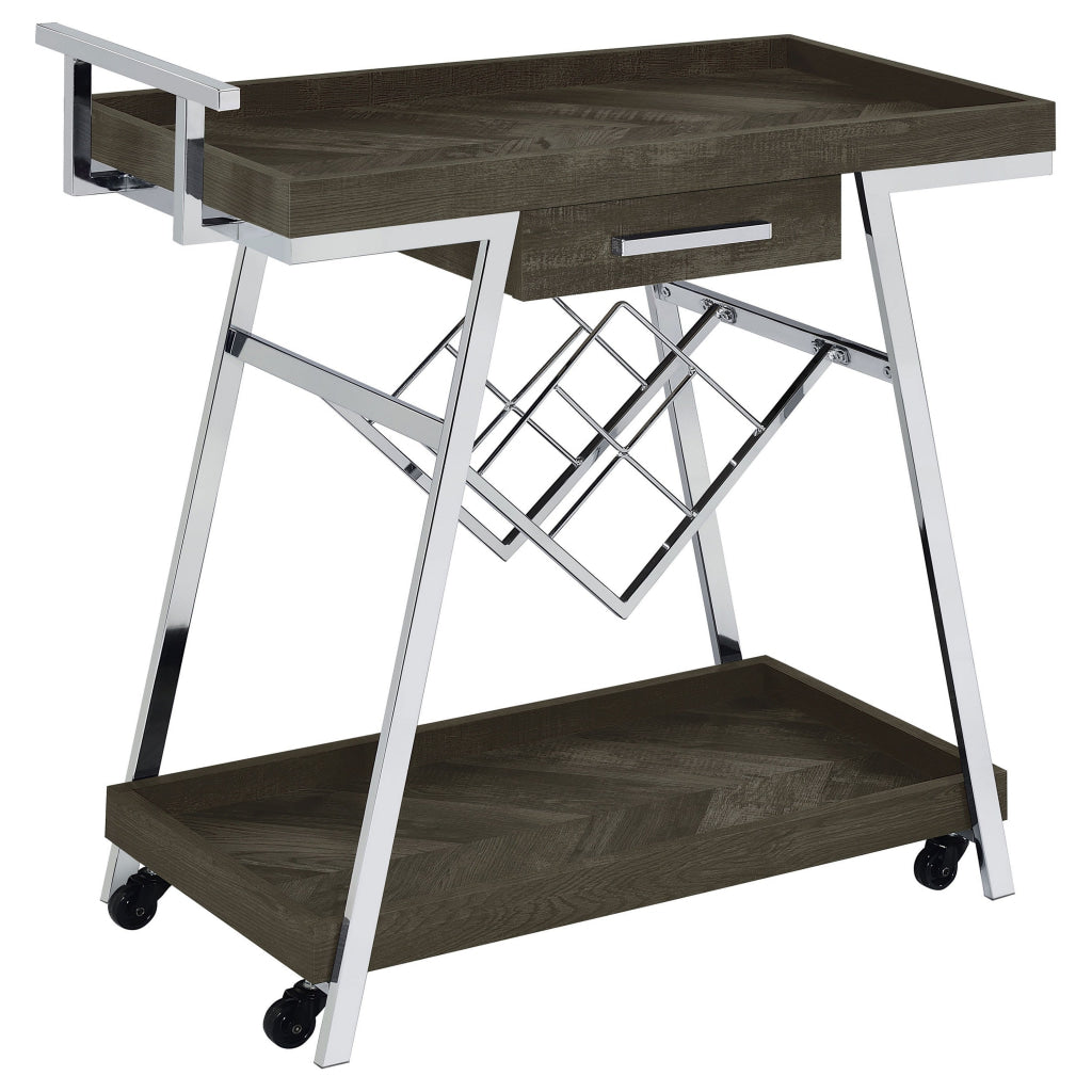 Kne 35 Inch Rolling Bar Cart 2 Tier with Drawer Stand Black Wood Chrome By Casagear Home BM315315