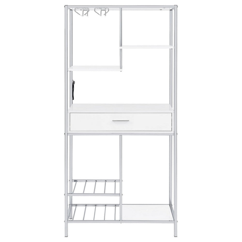 Roa 67 Inch Wine Bar Storage with 5 Shelves 1 Drawer White Chrome Metal By Casagear Home BM315316