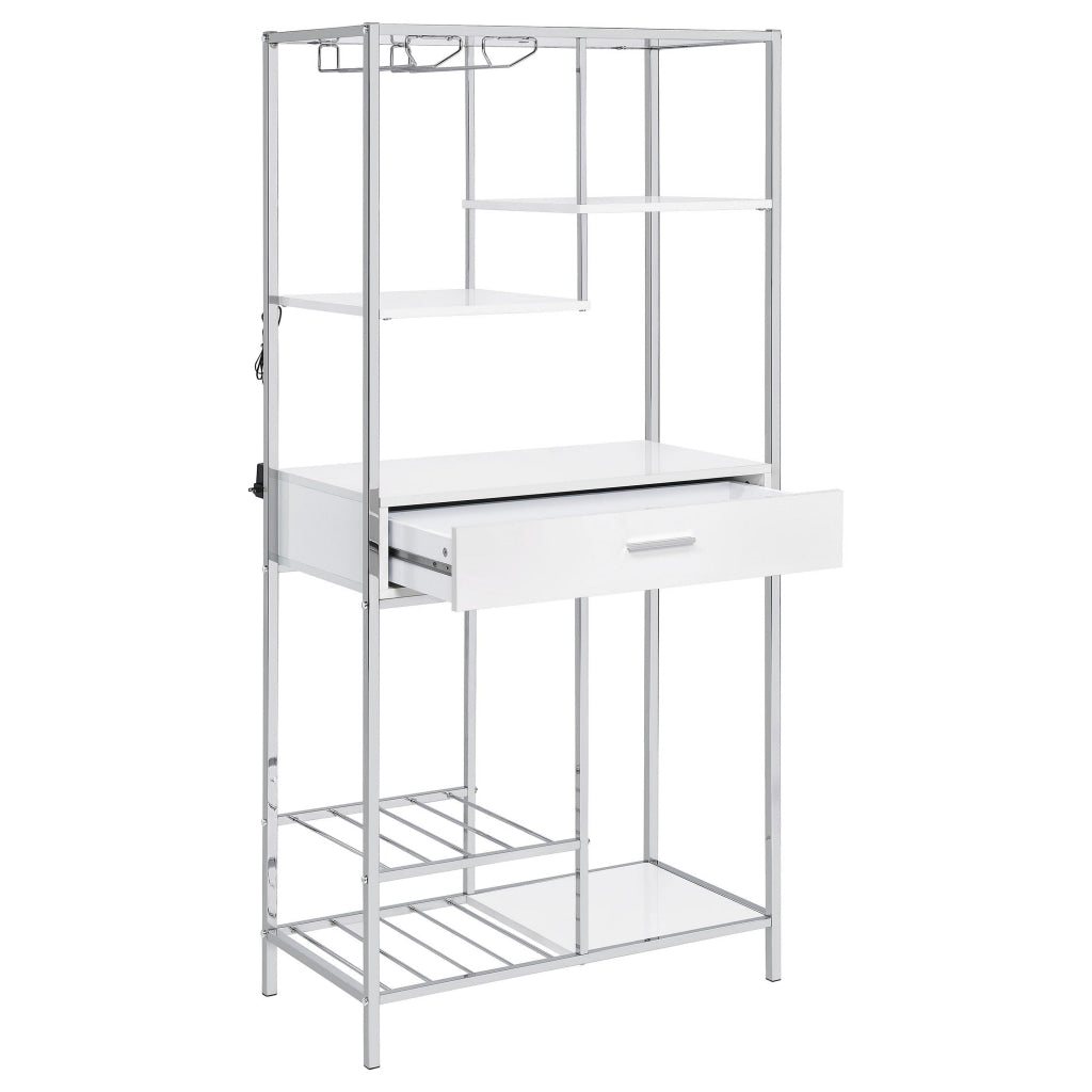 Roa 67 Inch Wine Bar Storage with 5 Shelves 1 Drawer White Chrome Metal By Casagear Home BM315316