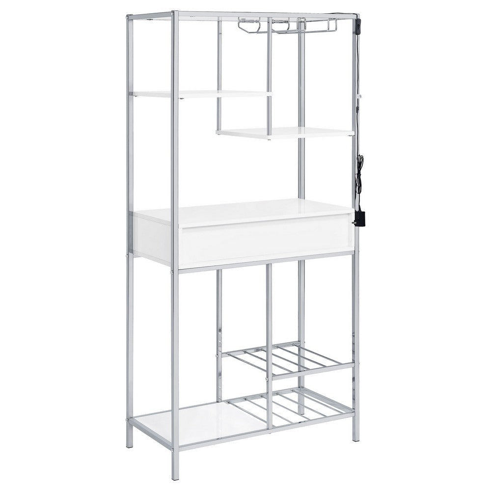 Roa 67 Inch Wine Bar Storage with 5 Shelves 1 Drawer White Chrome Metal By Casagear Home BM315316