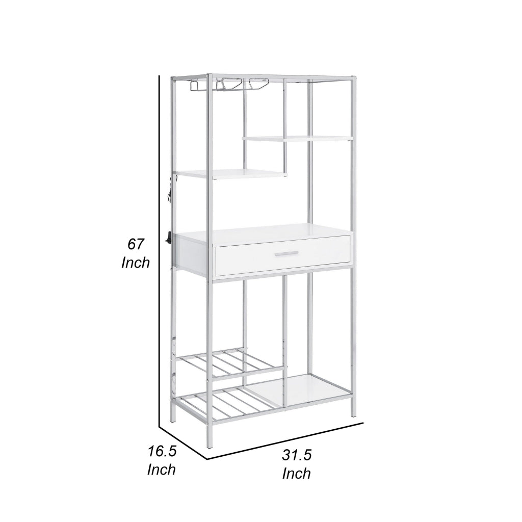 Roa 67 Inch Wine Bar Storage with 5 Shelves 1 Drawer White Chrome Metal By Casagear Home BM315316