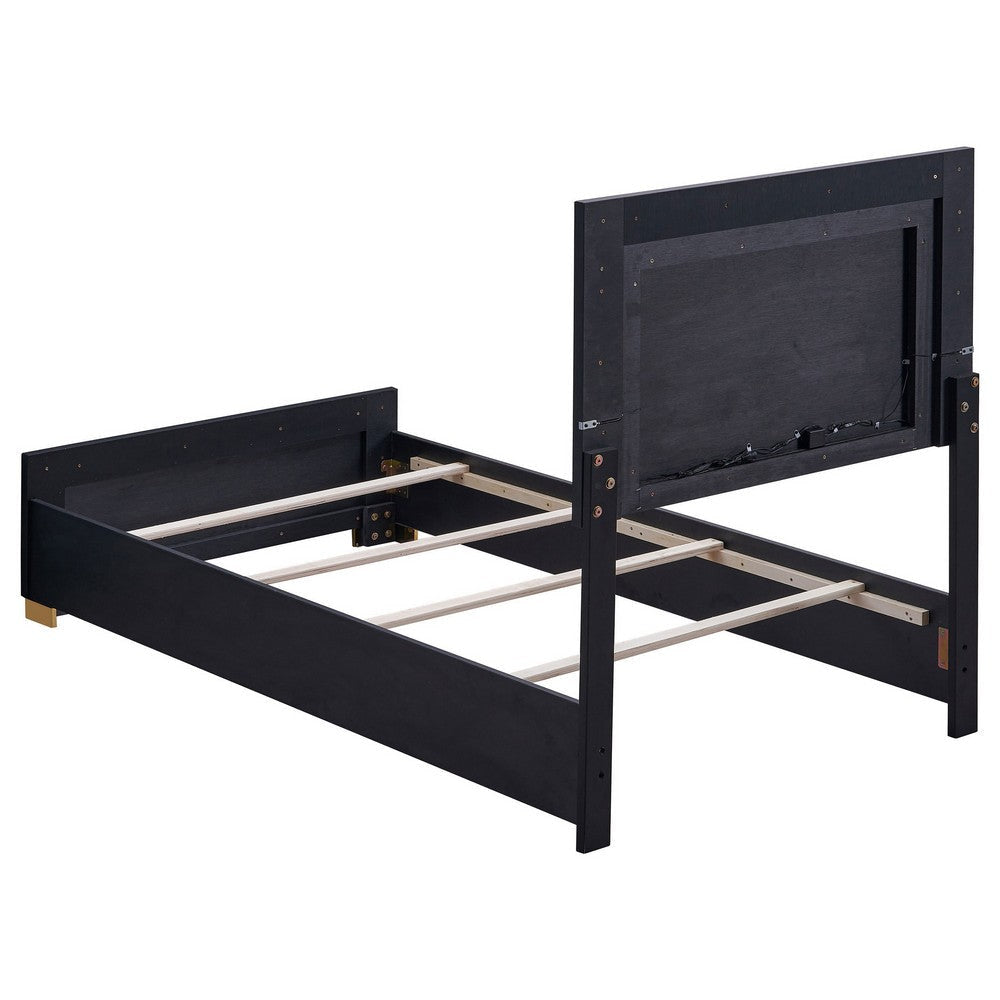 Dex Twin Size Bed with LED Framed Headboard Black Wood Finish Gold Legs By Casagear Home BM315322