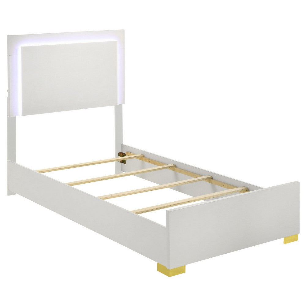 Dex Twin Size Bed with LED Framed Headboard White Wood Finish Gold Legs By Casagear Home BM315324