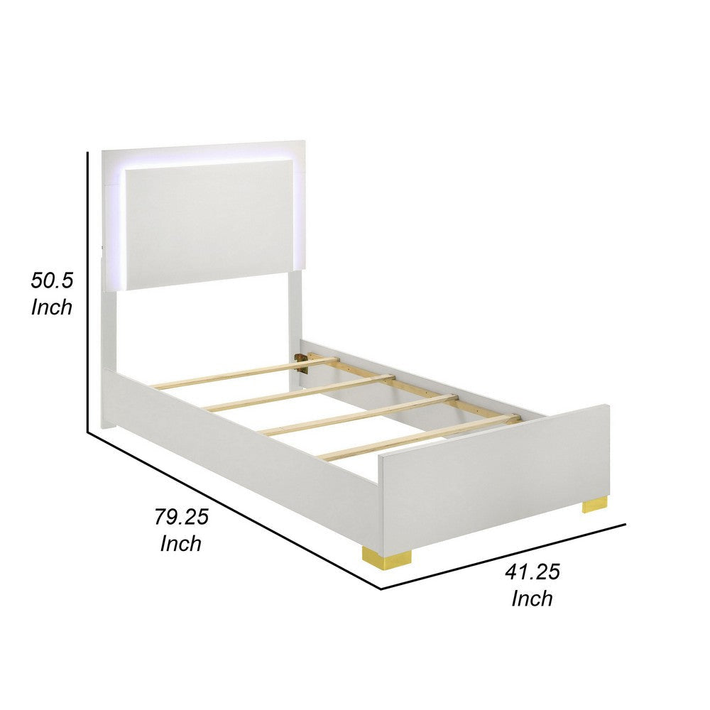 Dex Twin Size Bed with LED Framed Headboard White Wood Finish Gold Legs By Casagear Home BM315324