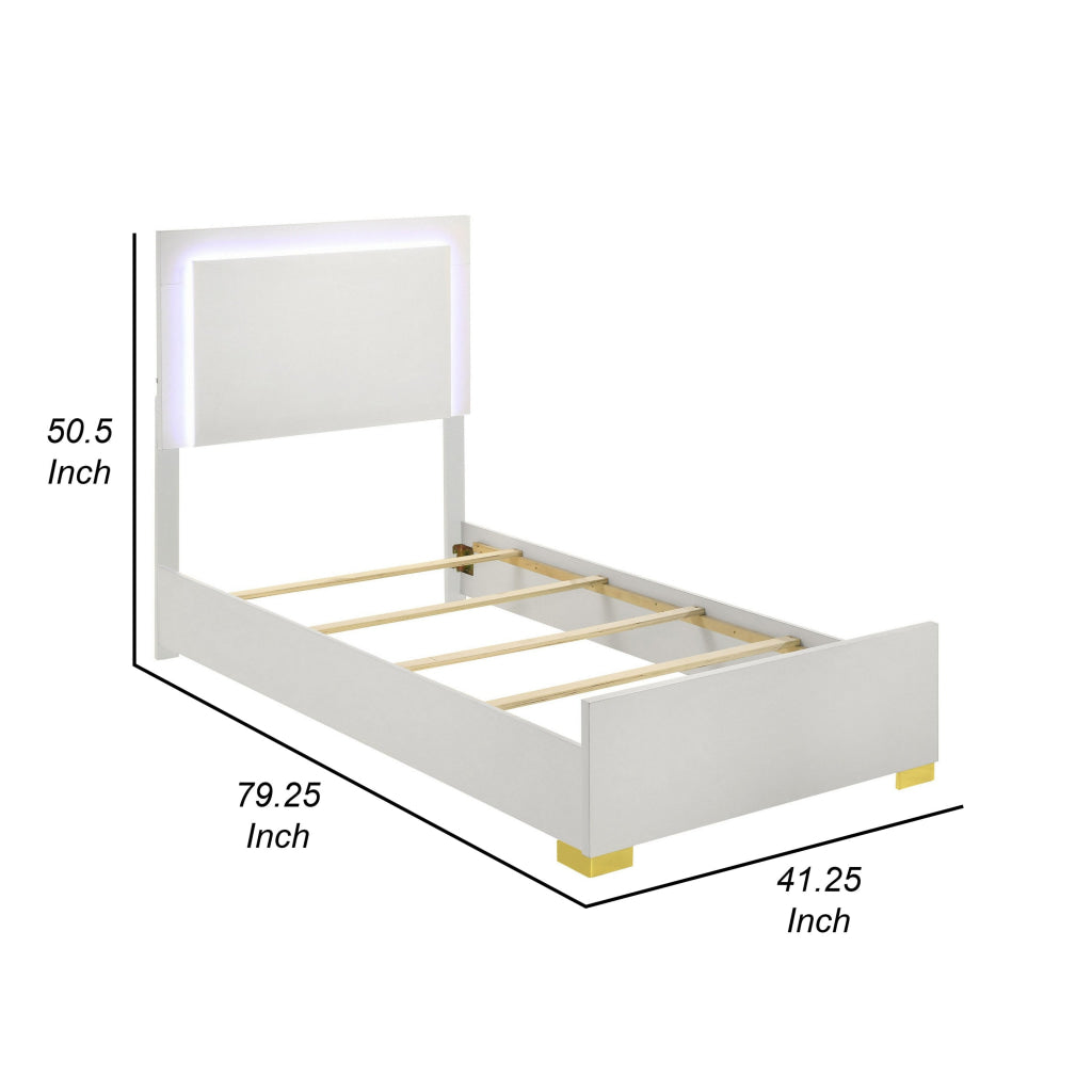 Dex Twin Size Bed with LED Framed Headboard White Wood Finish Gold Legs By Casagear Home BM315324