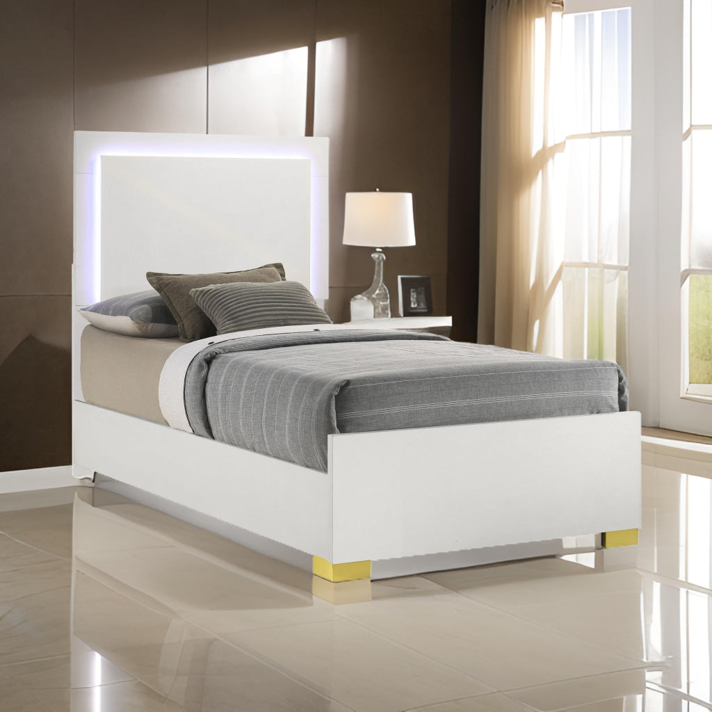 Dex Twin Size Bed with LED Framed Headboard, White Wood Finish, Gold Legs By Casagear Home