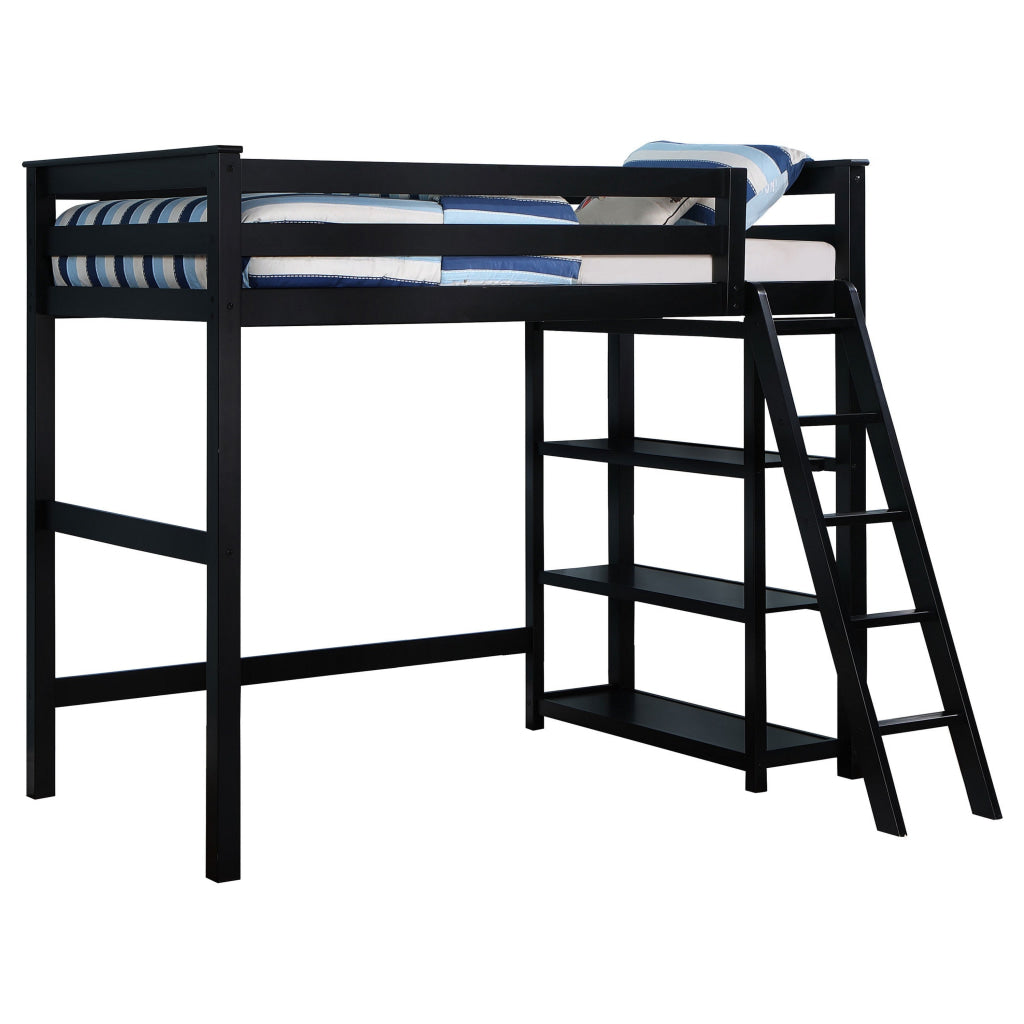 Ica Modern Twin Loft Bed with 3 Shelves and Ladder Black Solid Wood By Casagear Home BM315325