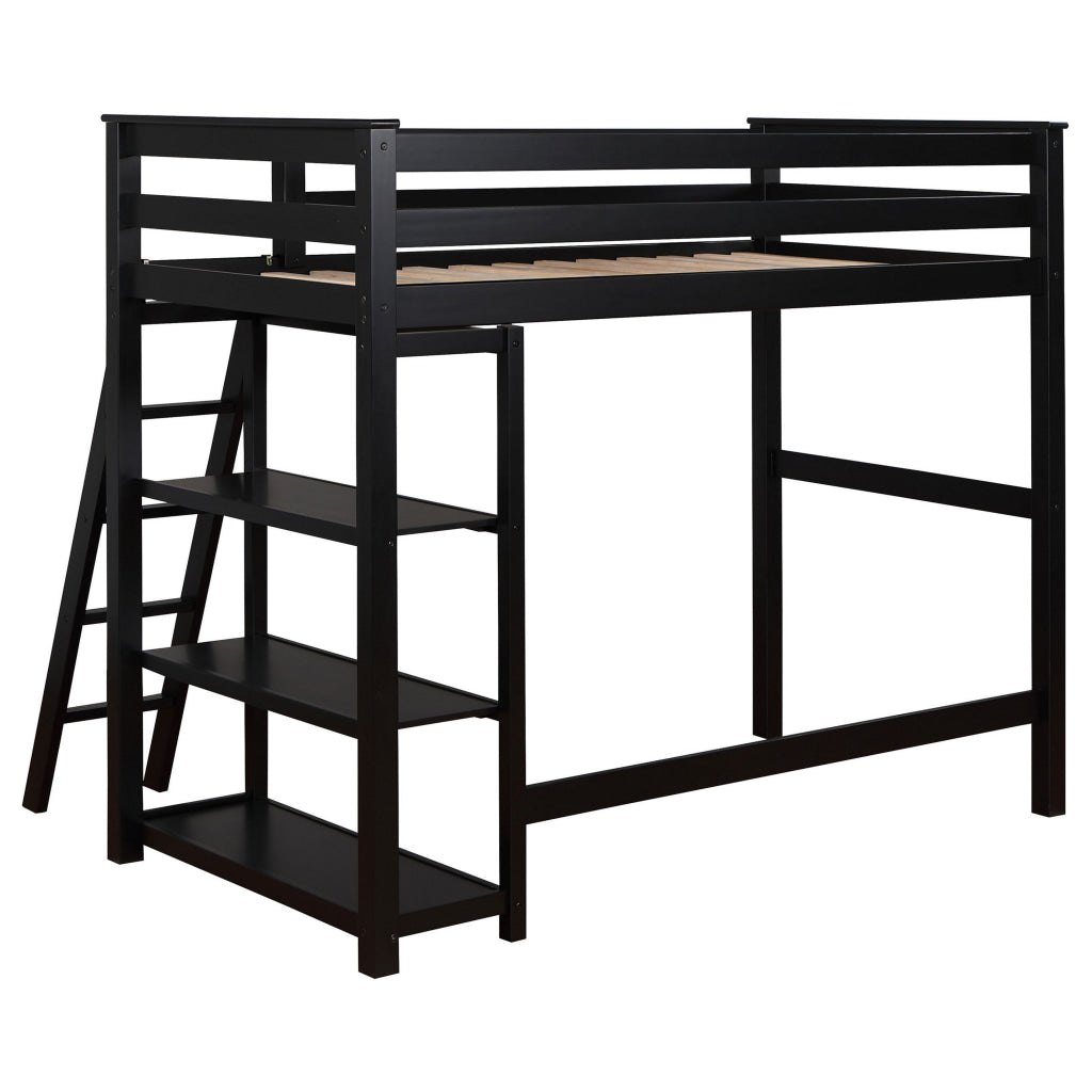 Ica Modern Twin Loft Bed with 3 Shelves and Ladder Black Solid Wood By Casagear Home BM315325