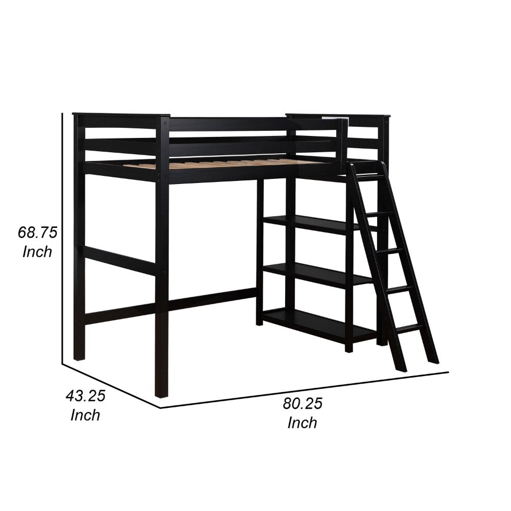 Ica Modern Twin Loft Bed with 3 Shelves and Ladder Black Solid Wood By Casagear Home BM315325